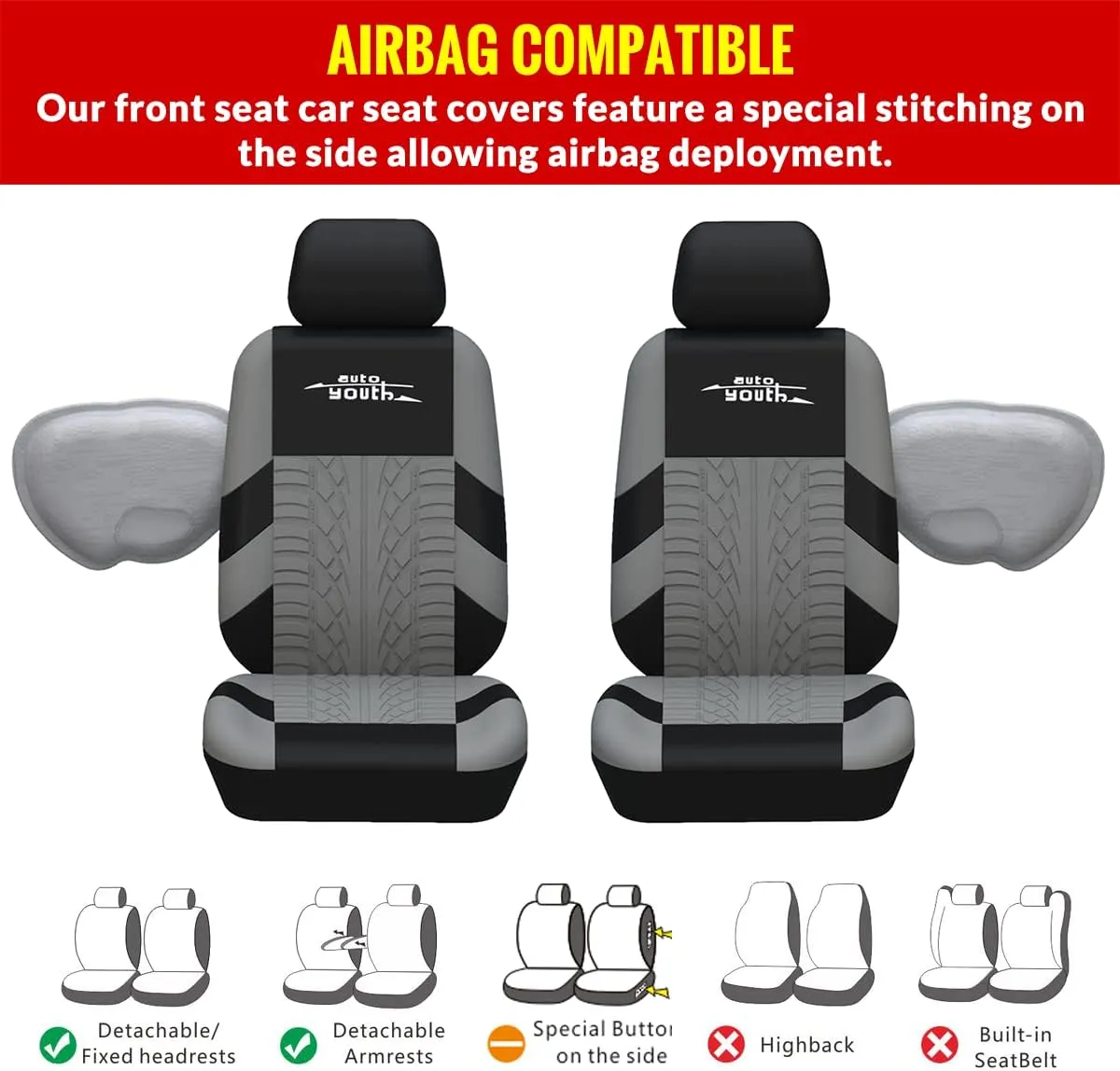 AUTOYOUTH Car Seat Covers for Front Seats, Breathable and Washable Bucket Seat Covers for Cars, Truck, SUV, Vans Airbag Compatible Automotive Interior Covers, Gray…