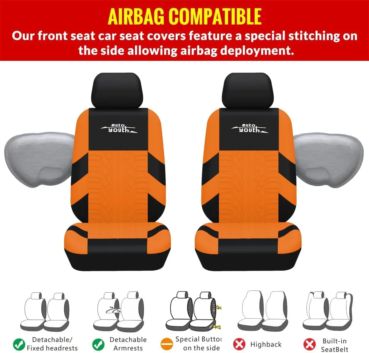 AUTOYOUTH Car Seat Covers for Front Seats, Breathable and Washable Bucket Seat Covers for Cars, Truck, SUV, Vans Airbag Compatible Automotive Interior Covers, Orange…