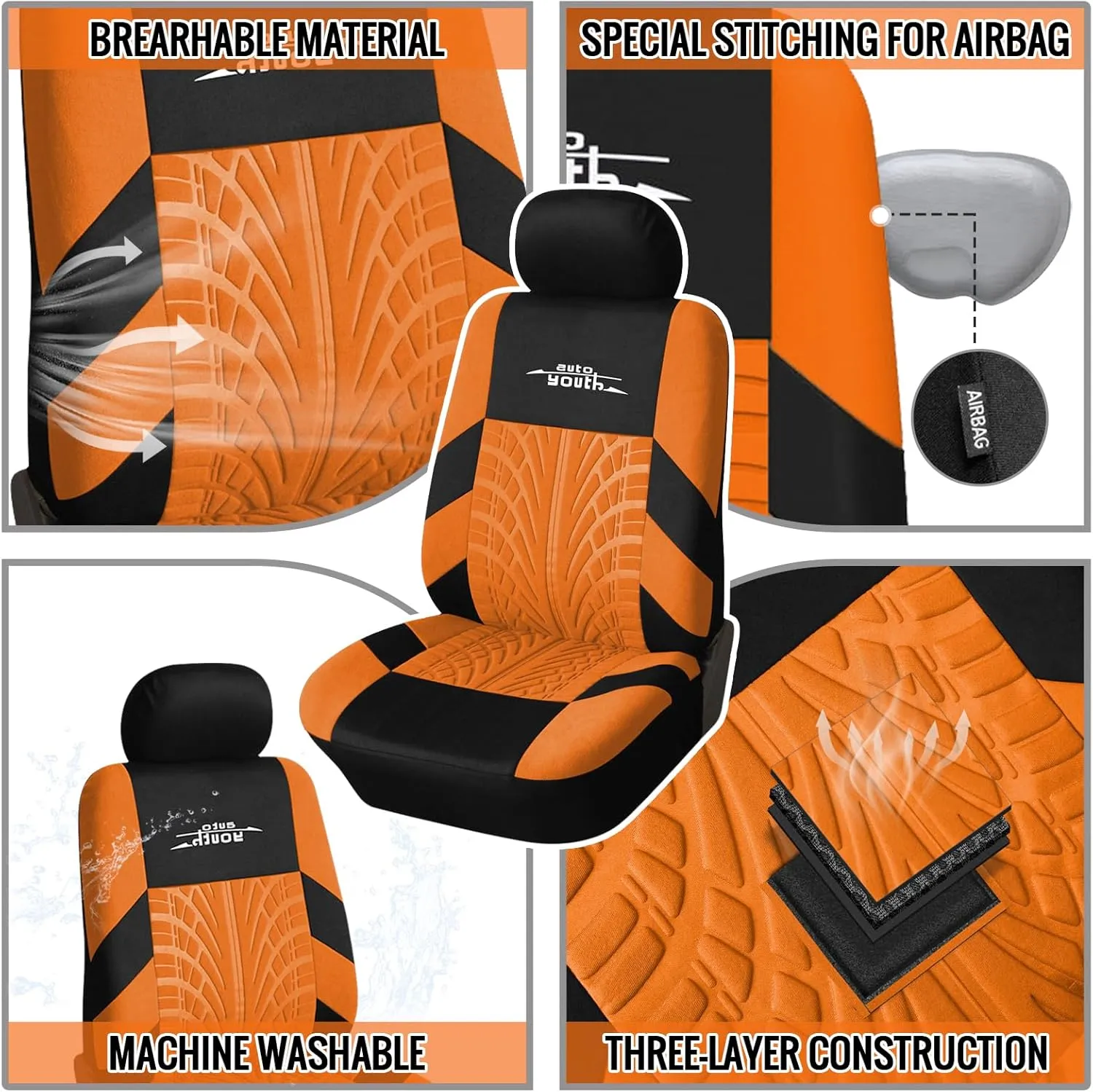 AUTOYOUTH Car Seat Covers for Front Seats, Breathable and Washable Bucket Seat Covers for Cars, Truck, SUV, Vans Airbag Compatible Automotive Interior Covers, Orange…