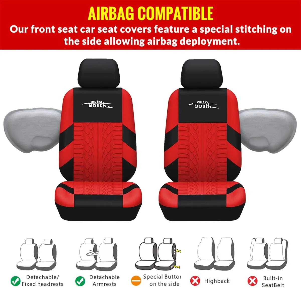 AUTOYOUTH Red Car Seat Covers Full Set - Front Bucket with Split Bench for Cars, Red Full Set Seat Protectors for Women, Universal Fit, 9pcs