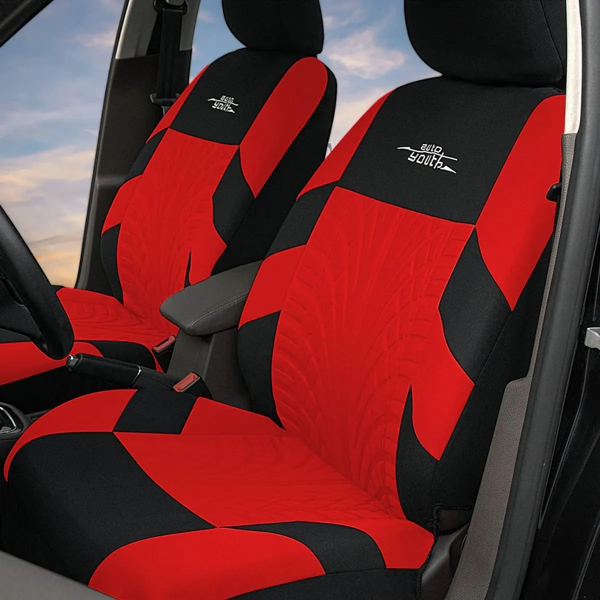 AUTOYOUTH Red Car Seat Covers Full Set - Front Bucket with Split Bench for Cars, Red Full Set Seat Protectors for Women, Universal Fit, 9pcs