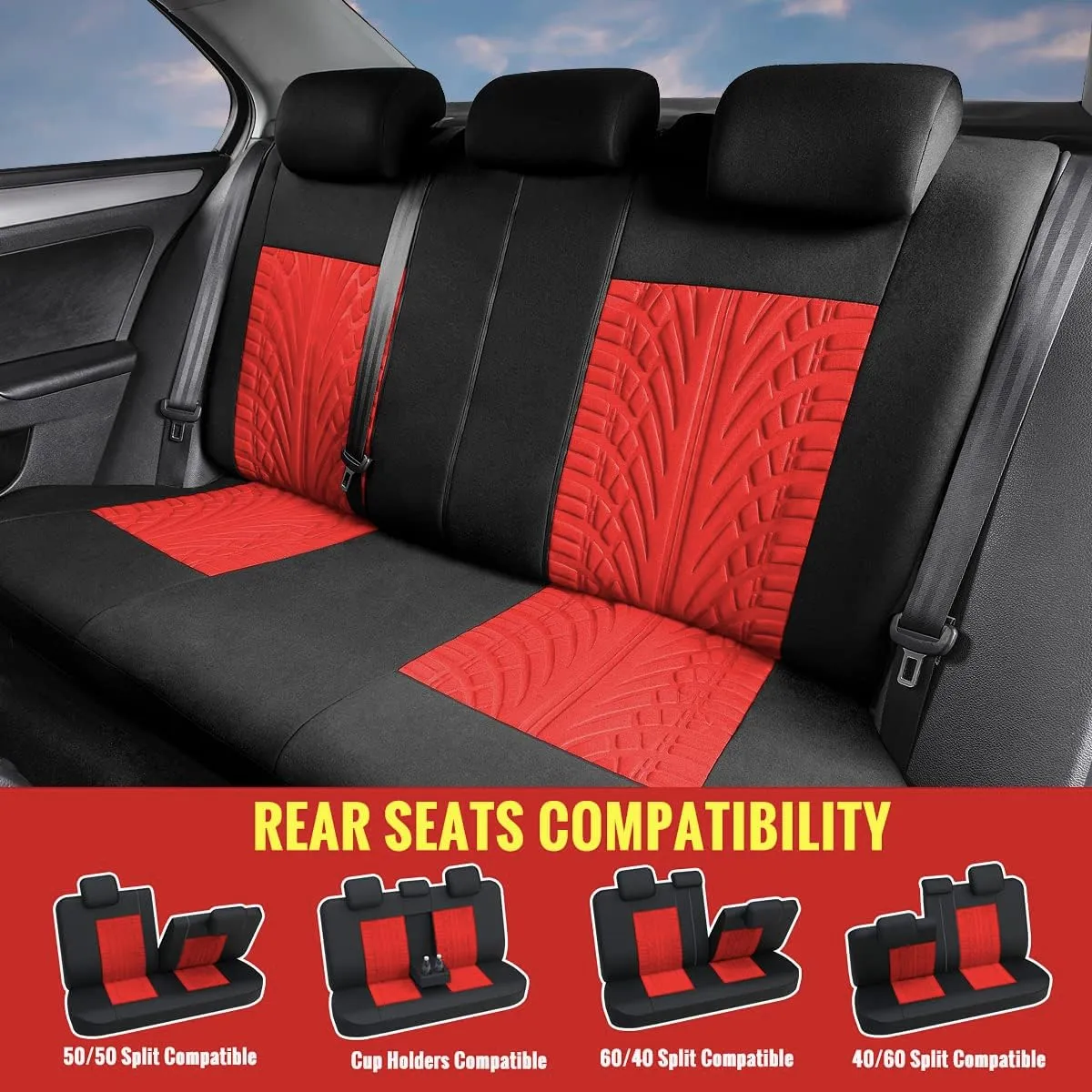 AUTOYOUTH Red Car Seat Covers Full Set - Front Bucket with Split Bench for Cars, Red Full Set Seat Protectors for Women, Universal Fit, 9pcs