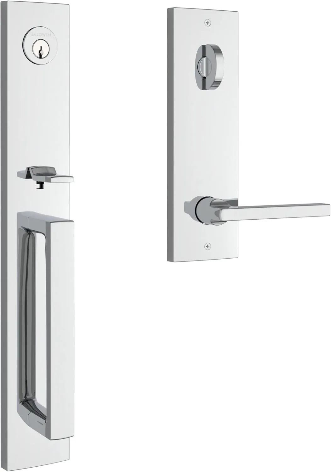 Baldwin EESANxSQUCQE260 Baldwin EE.SANxSQU.R.CQE Santa Cruz Full Plate Single Cylinder Keyed Entry Handleset with Interior Square Lever and Emergency Egress Function