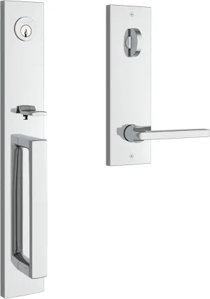 Baldwin EESANxSQUCQE260 Baldwin EE.SANxSQU.R.CQE Santa Cruz Full Plate Single Cylinder Keyed Entry Handleset with Interior Square Lever and Emergency Egress Function