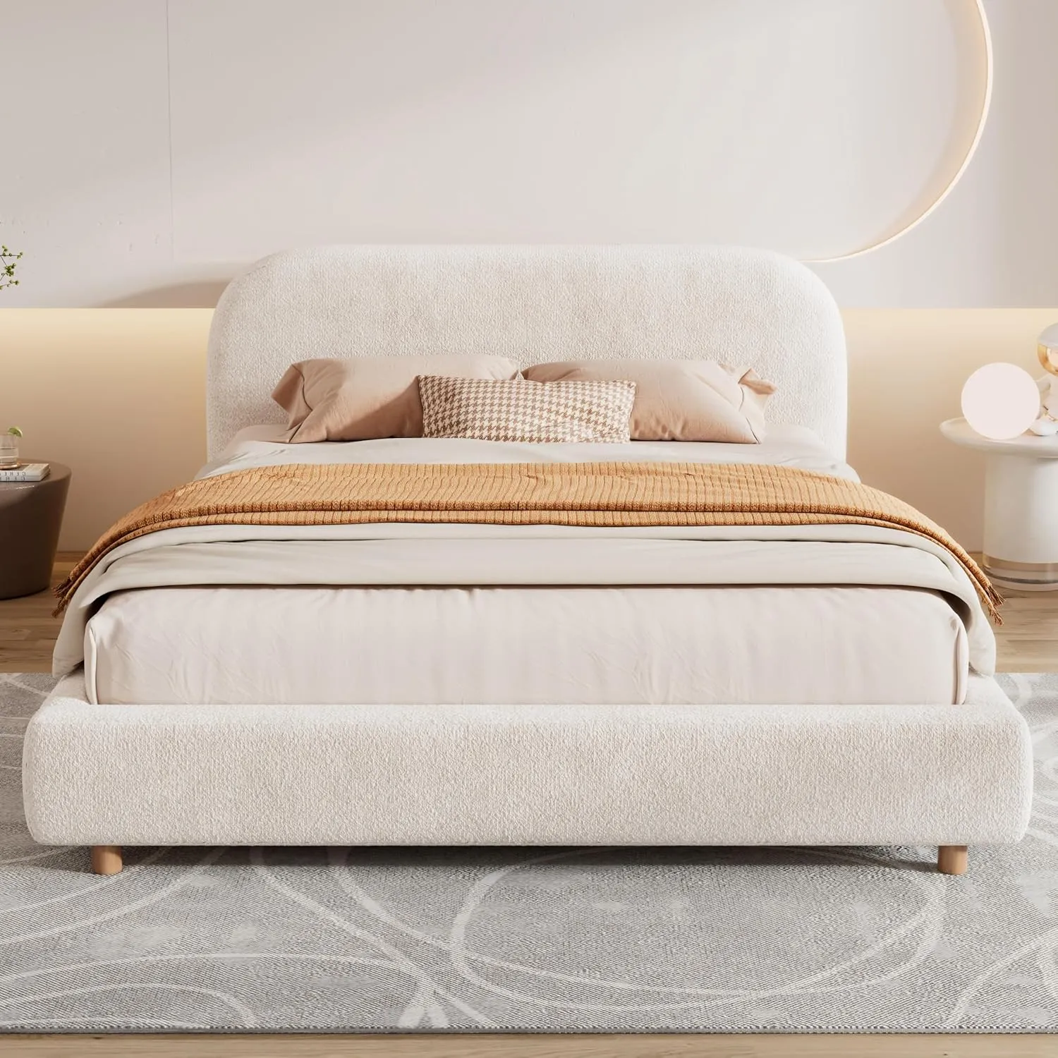 Ball & Cast Queen Size Bed Frame with Curve-Shaped Headboard, Boucle Fabric Upholstered Platform Bed with Wood Slats Support,No Box Spring Needed,Easy Assembly,White