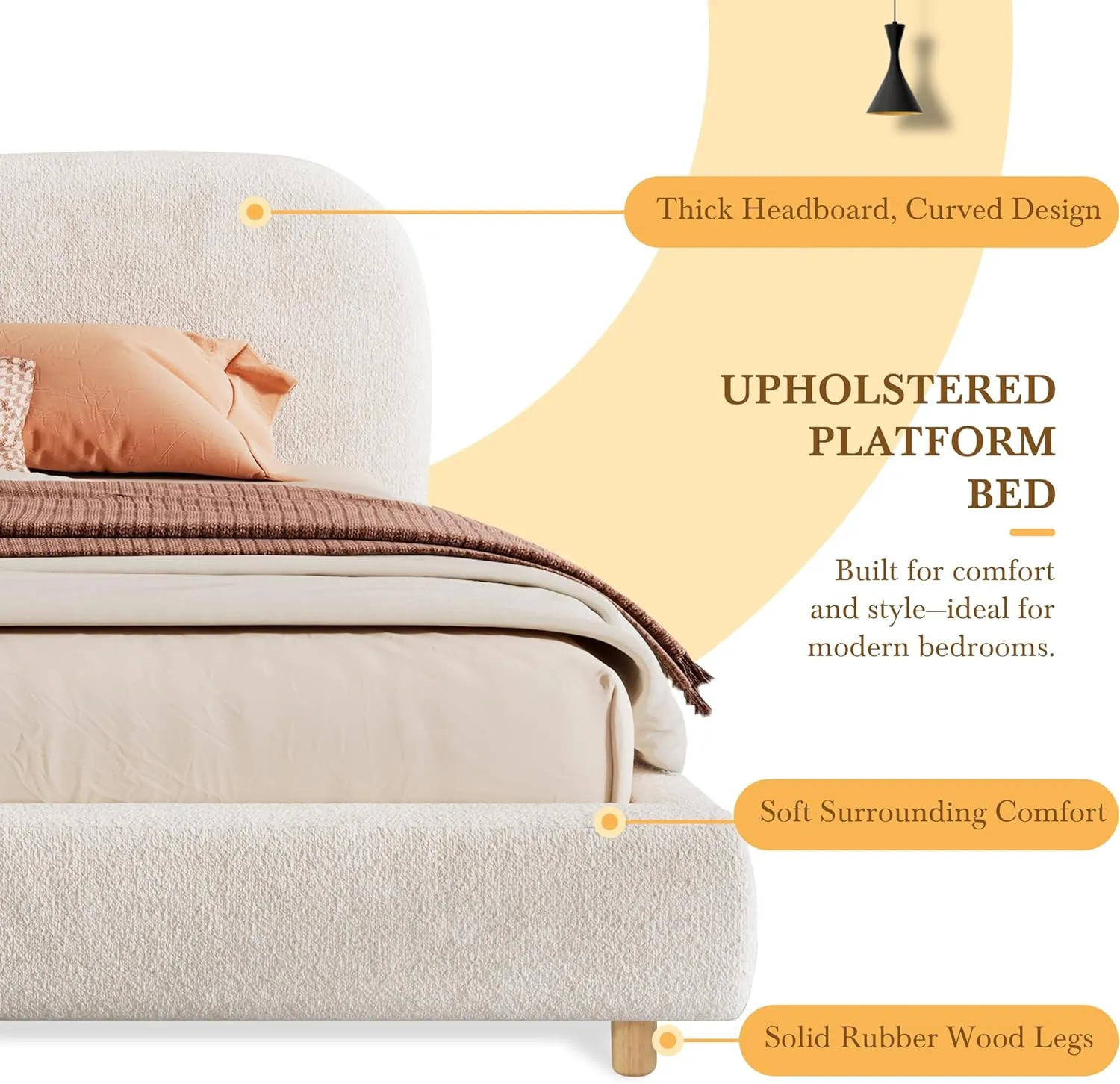 Ball & Cast Queen Size Bed Frame with Curve-Shaped Headboard, Boucle Fabric Upholstered Platform Bed with Wood Slats Support,No Box Spring Needed,Easy Assembly,White