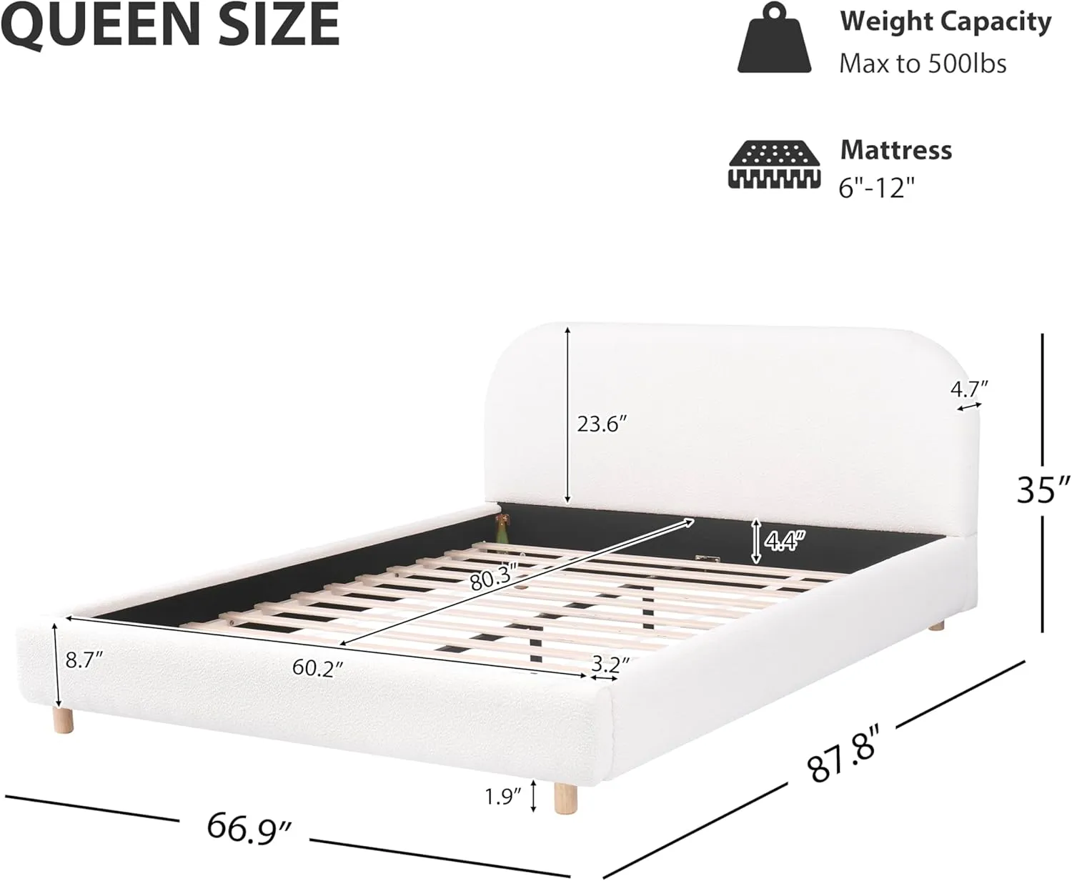 Ball & Cast Queen Size Bed Frame with Curve-Shaped Headboard, Boucle Fabric Upholstered Platform Bed with Wood Slats Support,No Box Spring Needed,Easy Assembly,White