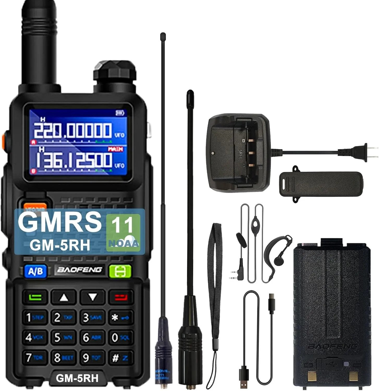 BAOFENG GM-5RH GMRS Ham Radio USB-C Charging Radio 1.77'' LCD Screen One Key Freuency Mactch Walkie Talkie for Adult with 771 Antenna and Eapiece