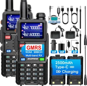 BAOFENG GMRS Handheld Radio, 5RM GMRS Long Range Two Way Radios, NOAA/FM/UHF/1.25M/VHF Receiver & Scanner, 999 CH, 2500mAh Type-C Battery, Frequency Match- 2 Pack Full kit