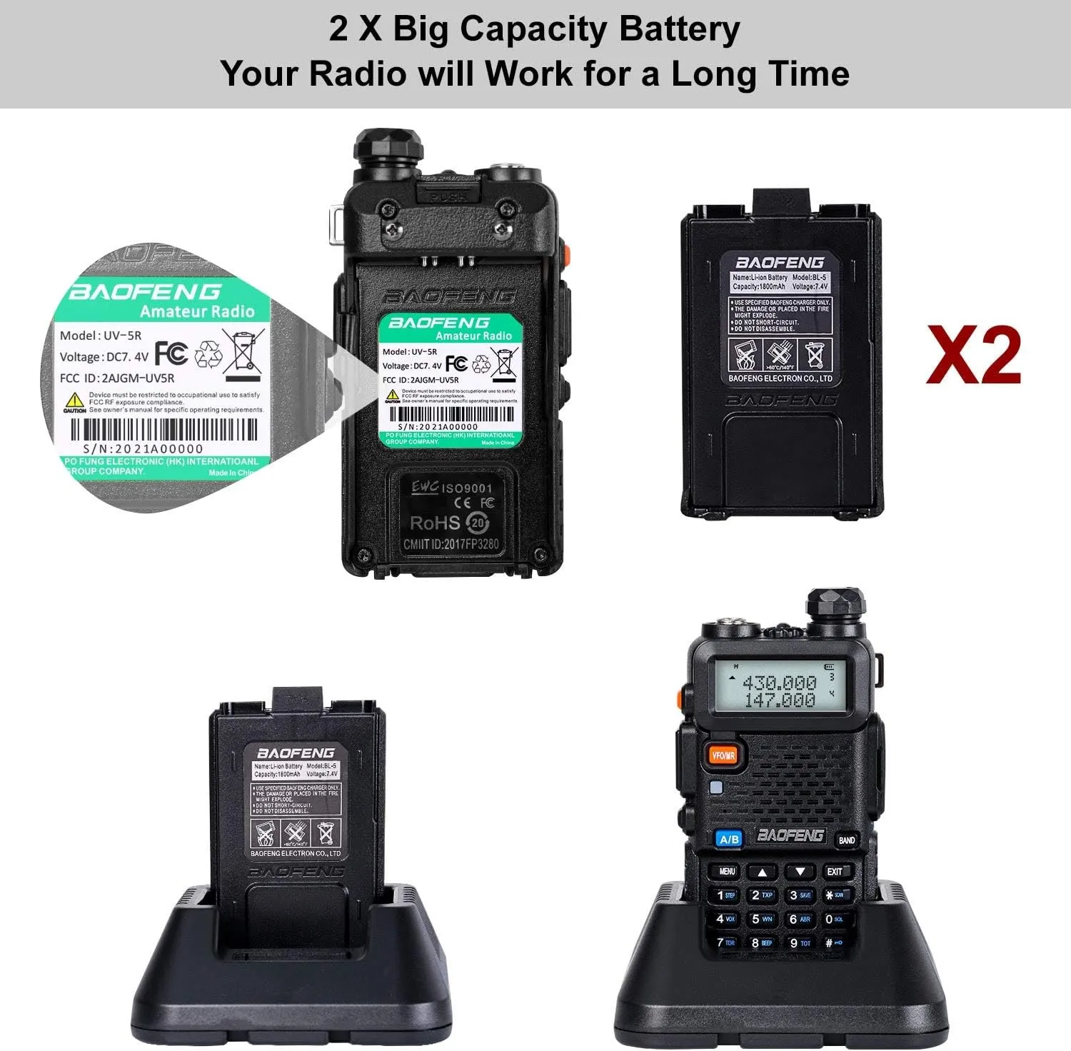 BaoFeng UV-5R 8 Watt Ham Radio BaoFeng Radio with Extra 1800mAh Battery and 771 Antenna Dual Band Ham Radio Handheld Includes Full Kit Walkie Talkie