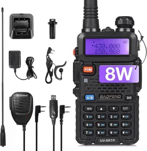 Baofeng UV-5R 8W Dual Band Two Way Radio Full Kit, UV-5RTP Ham Radio Handheld with Speaker Mic, Programming Cable, RD-771 Long High Gain Antenna, Headset, Support Chirp Programming, Black