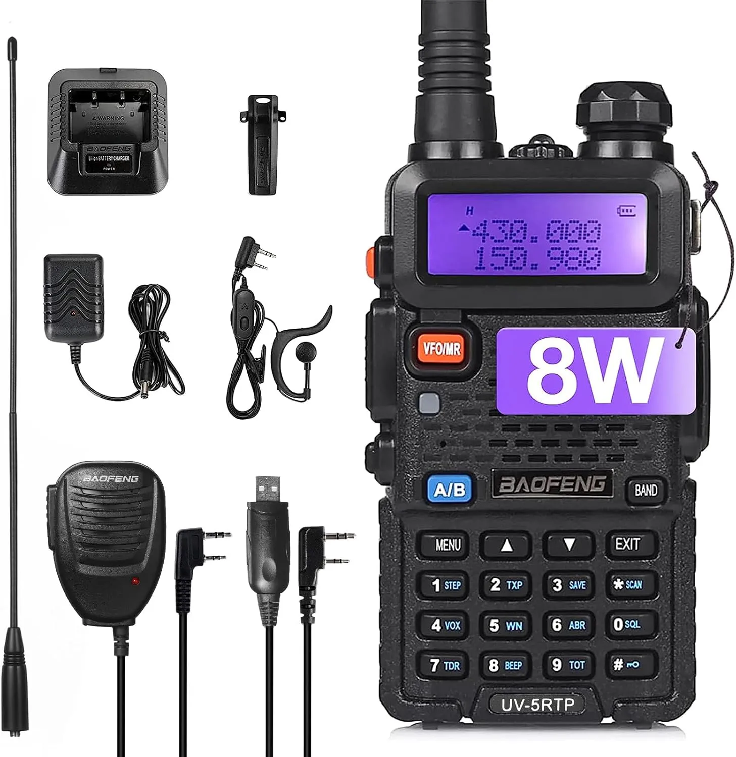 Baofeng UV-5R 8W Dual Band Two Way Radio Full Kit, UV-5RTP Ham Radio Handheld with Speaker Mic, Programming Cable, RD-771 Long High Gain Antenna, Headset, Support Chirp Programming, Black