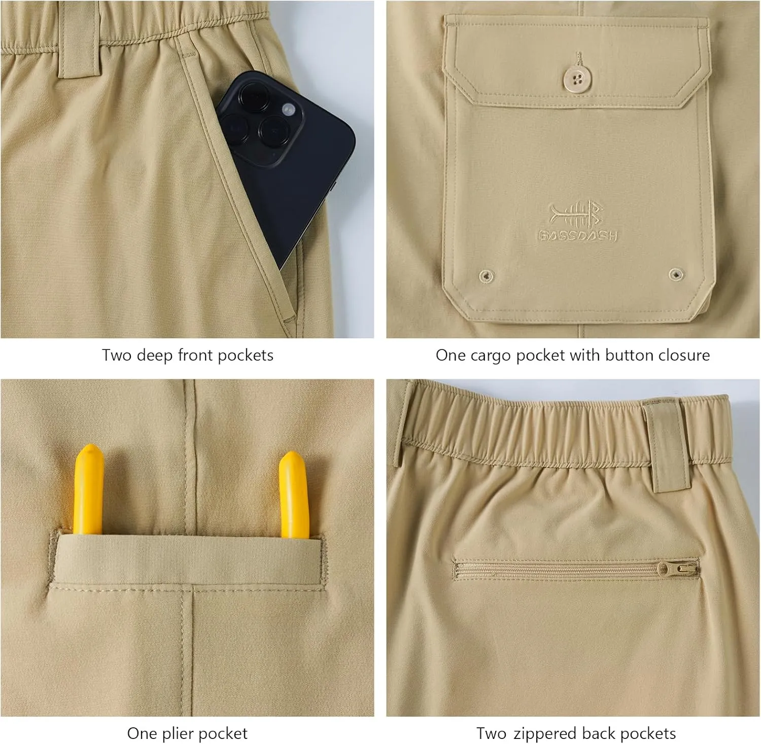 BASSDASH Men's Fishing Cargo Pants Water Resistant Quick Dry Lightweight UPF 50  for Outdoor Hiking Elastic Waist Pants FP05M