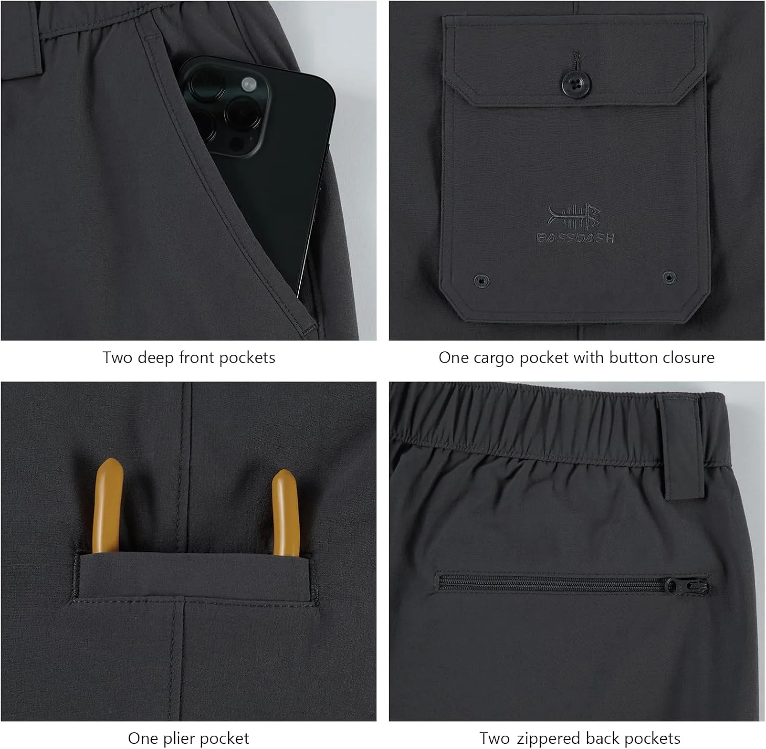 BASSDASH Men's Fishing Cargo Pants Water Resistant Quick Dry Lightweight UPF 50  for Outdoor Hiking Elastic Waist Pants FP05M