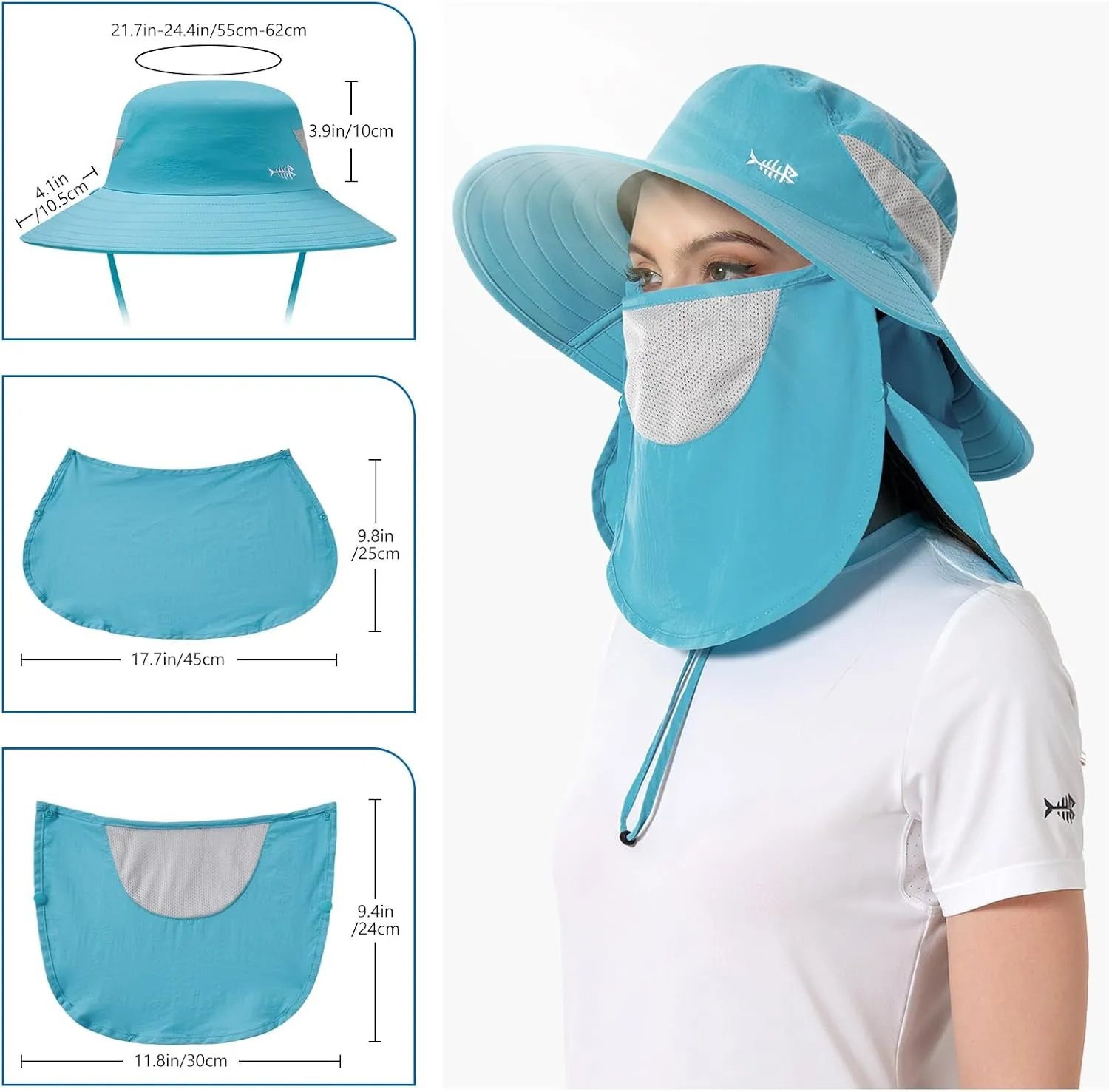 BASSDASH UPF 50  Breathable Sun Hat with Removable Face Cover and Neck Flap Wide Brim Bucket Hat for Fishing Hiking Men Women