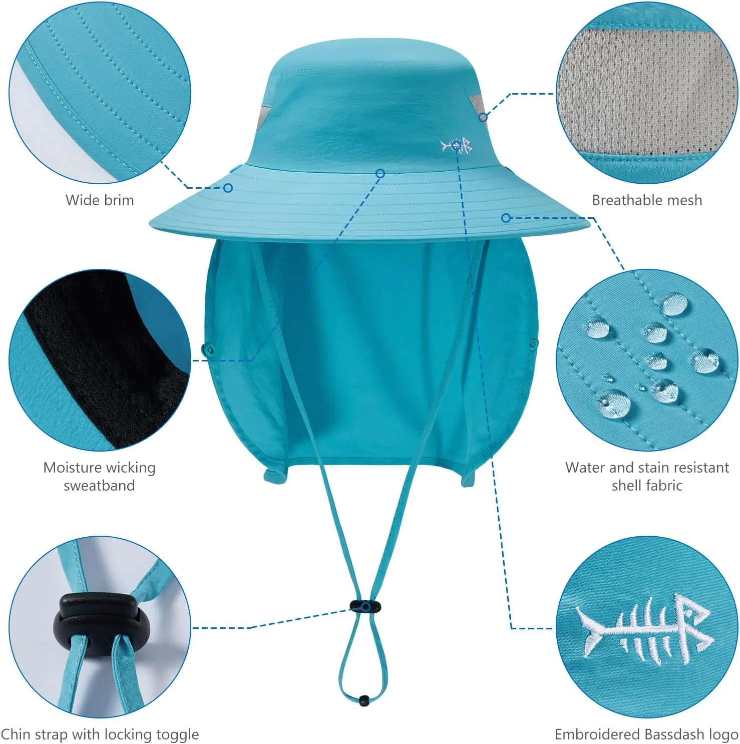 BASSDASH UPF 50  Breathable Sun Hat with Removable Face Cover and Neck Flap Wide Brim Bucket Hat for Fishing Hiking Men Women