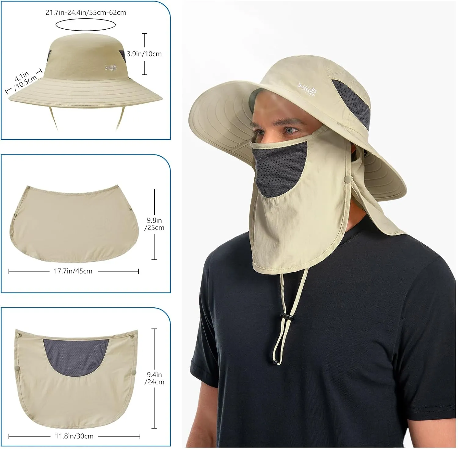 BASSDASH UPF 50  Breathable Sun Hat with Removable Face Cover and Neck Flap Wide Brim Bucket Hat for Fishing Hiking Men Women
