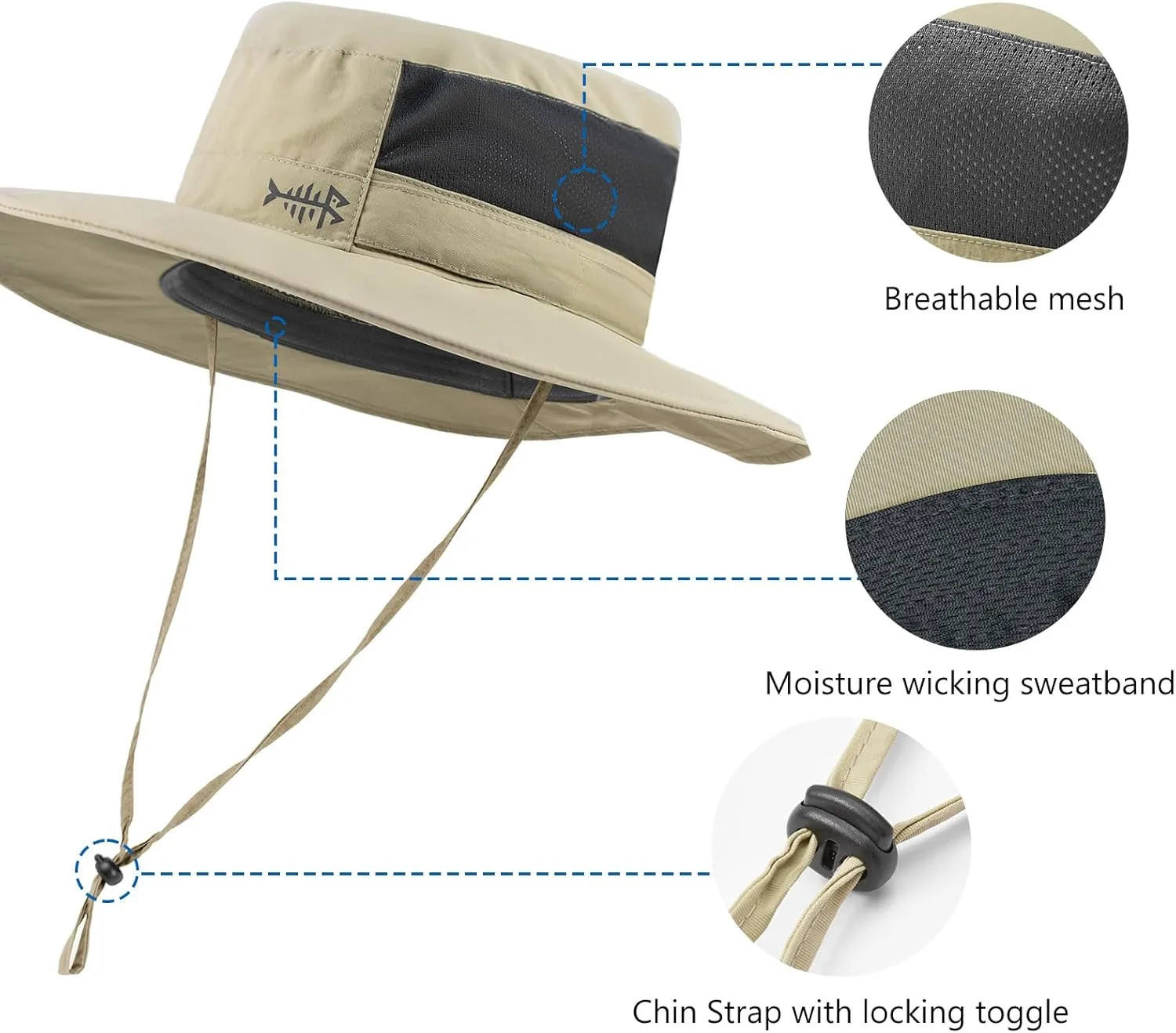 BASSDASH UPF 50  Fishing Sun Hat Water Resistant Unisex Wide Brim Bucket Boonie Hat for Hiking Camping Safari FH15