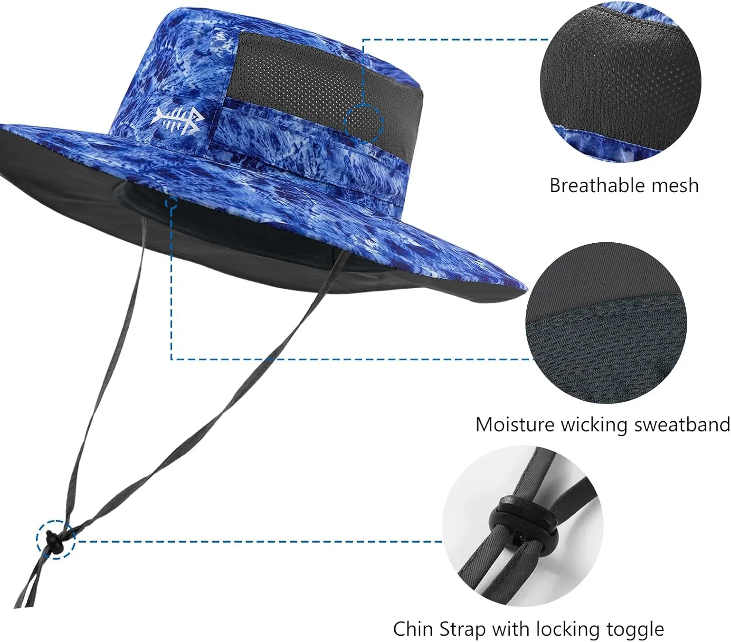 BASSDASH UPF 50  Fishing Sun Hat Water Resistant Unisex Wide Brim Bucket Boonie Hat for Hiking Camping Safari FH15