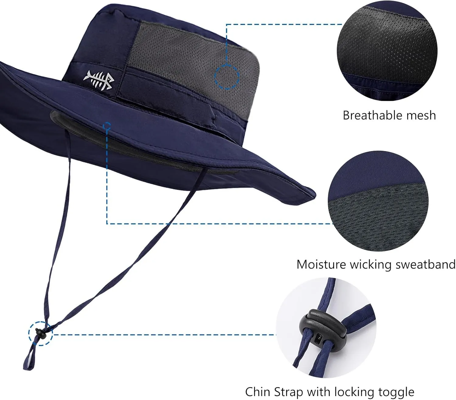 BASSDASH UPF 50  Fishing Sun Hat Water Resistant Unisex Wide Brim Bucket Boonie Hat for Hiking Camping Safari FH15