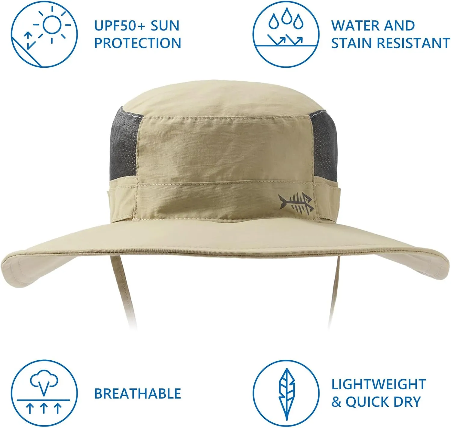 BASSDASH UPF 50  Fishing Sun Hat Water Resistant Unisex Wide Brim Bucket Boonie Hat for Hiking Camping Safari FH15