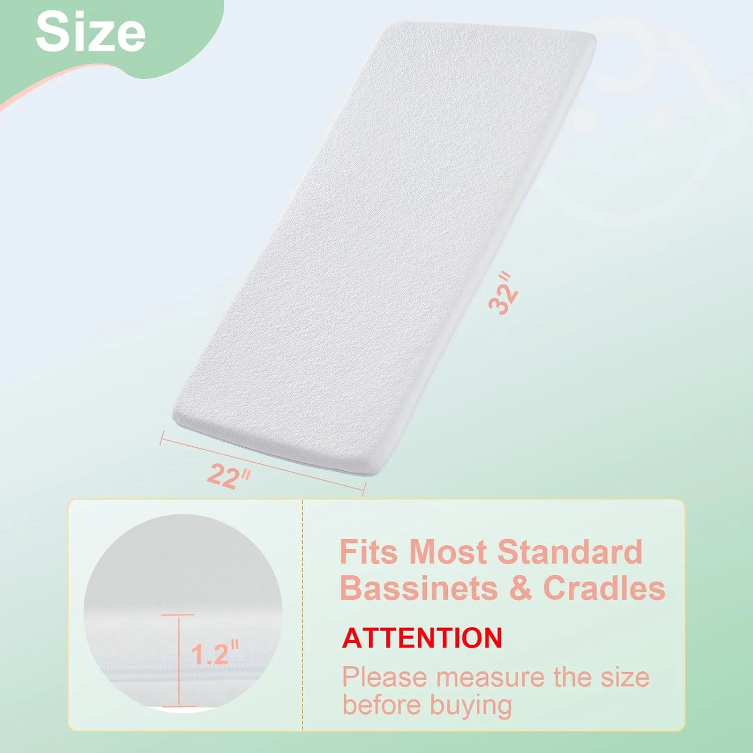 Bassinet Mattress Topper, Gel Memory Foam Mattress with Removable Cover(32" x 22"), Fit for Maxi-COSI Iora, Graco Travel Lite, Fodoss, Yacul and Cloud Baby Bassinet, Soft Mattress
