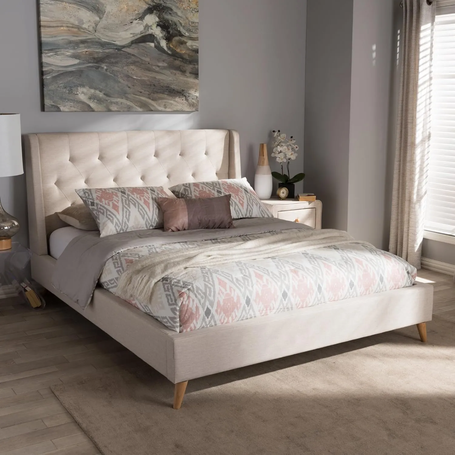 Baxton Studio 424-7473-AMZ Upholstered Queen Size Platform Bed, Light Beige