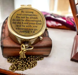 Be Strong and Courageous Do Not Be Afraid Antique Nautical Vintage Directional Magnetic Compass with Famous Scripture Quote Engraved Baptism Gifts with Leather Case for Loved Ones, Son, Father, Love,