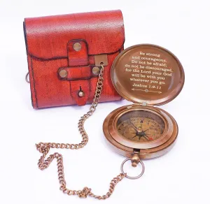 Be Strong and Courageous (Joshua 1:9) Brass Compass with Leather Case - Inspirational Gift Compass - Uplifting Baptism, Graduation, Birthday, Confirmation Gifts