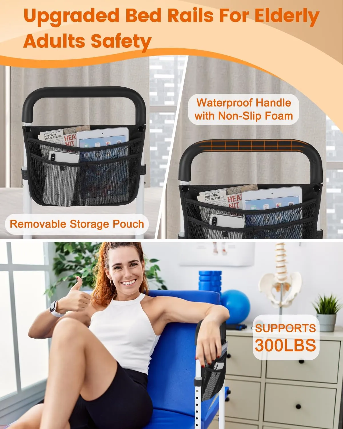 Bed Rails for Elderly Adults Safety - Adjustable Bed Assist Rail for Seniors - Stable Bed Side Rails Handle Support Bar Bed Guard Rails with Storage Bag & Fixing Strap, Fit King Queen Full Twin Bed