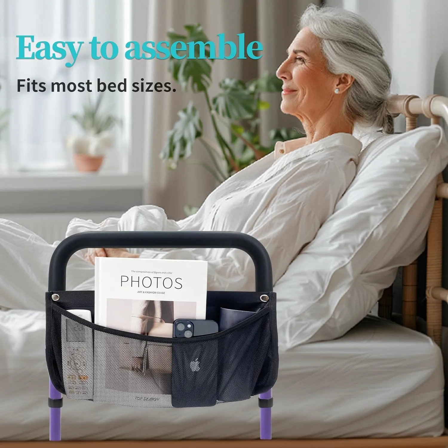 Bed Rails for Elderly Adults Safety with Adjustable Heights Storage Pocket Assist Support Side Railings for Seniors Citizens Slides Under Mattressbed Cane Bed Guard Bed Handles Bars (Purple)