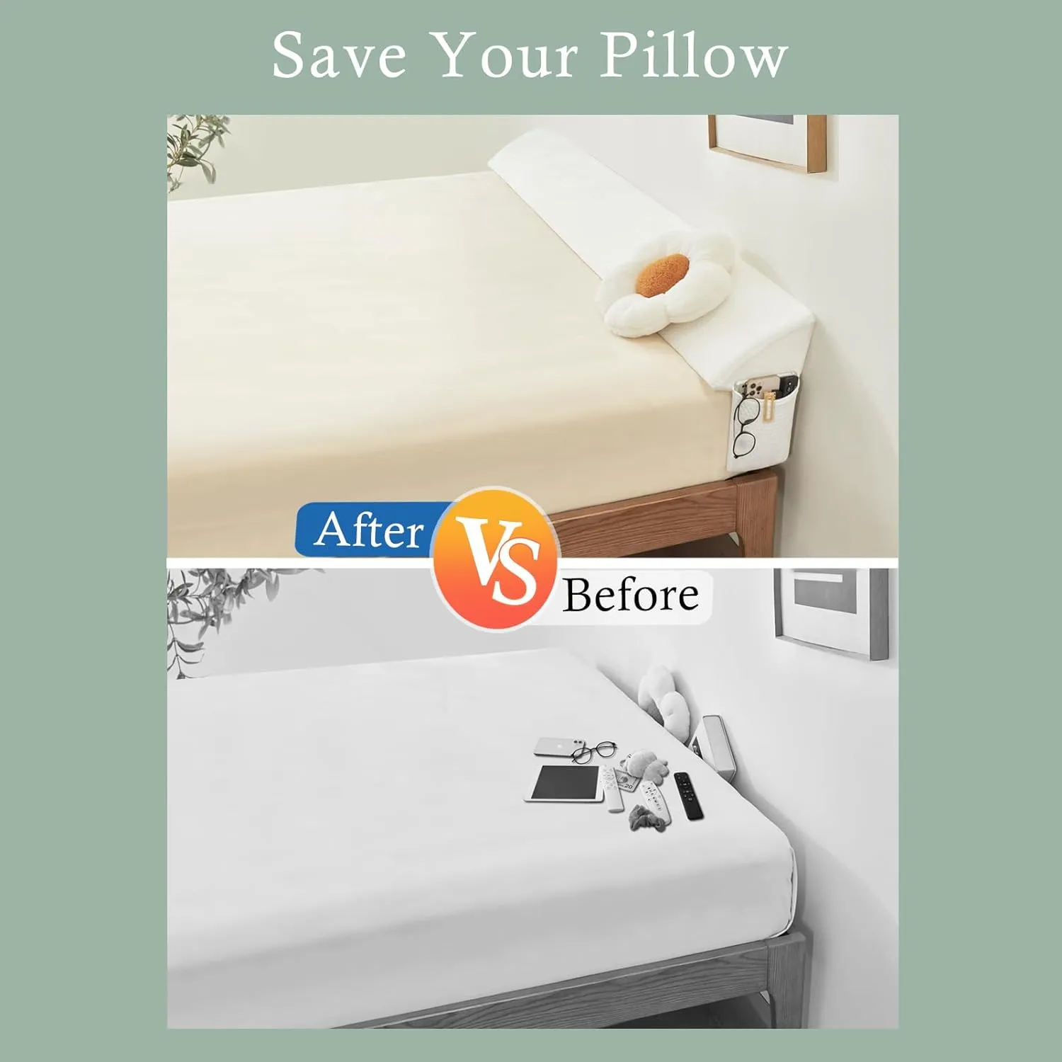 Bed Wedge Gap Filler King (76"x 8"x 6") Wedge Pillow for Headboard Gap 0-8" Mattress Gap Filler Pillow to Fill The Gap Between Mattress and Wall with 2 Side Large Pockets