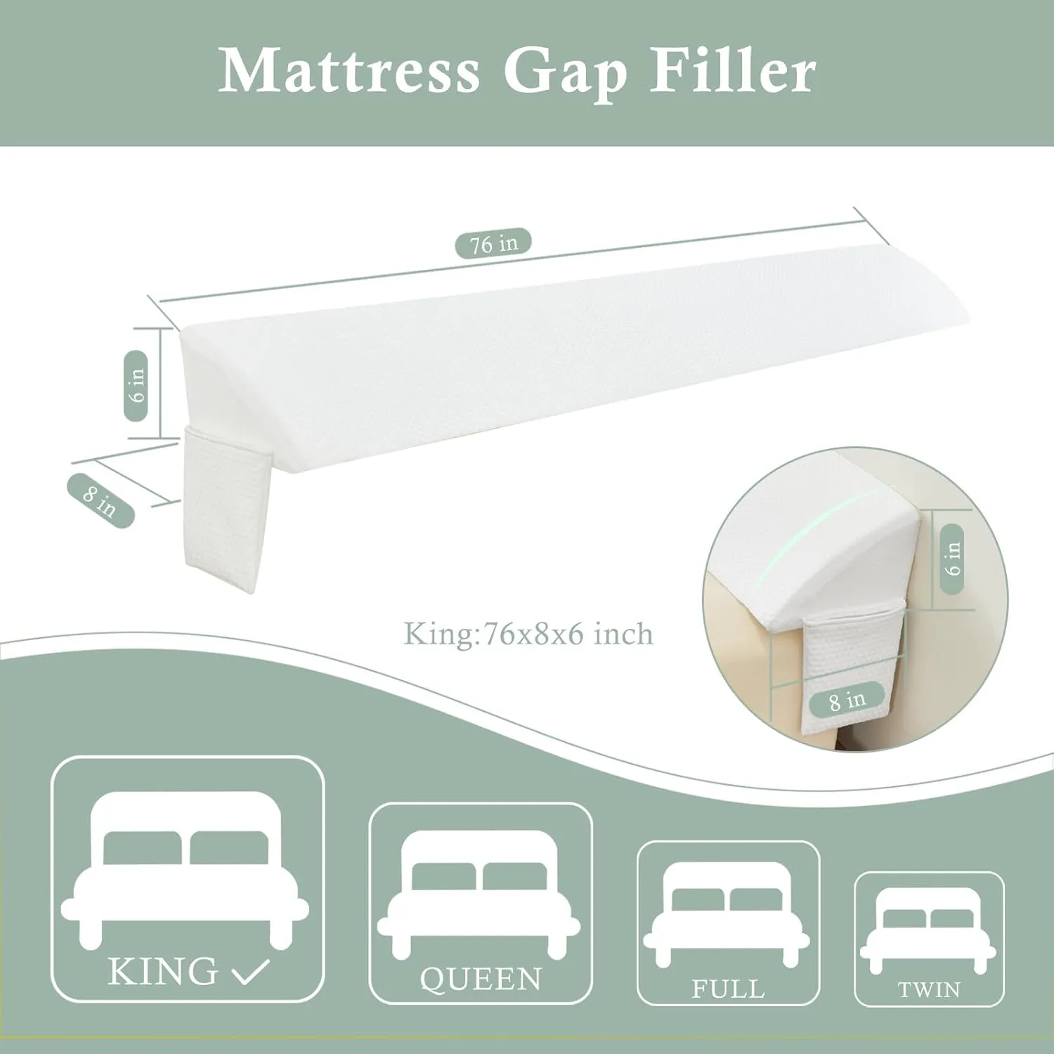 Bed Wedge Gap Filler King (76"x 8"x 6") Wedge Pillow for Headboard Gap 0-8" Mattress Gap Filler Pillow to Fill The Gap Between Mattress and Wall with 2 Side Large Pockets