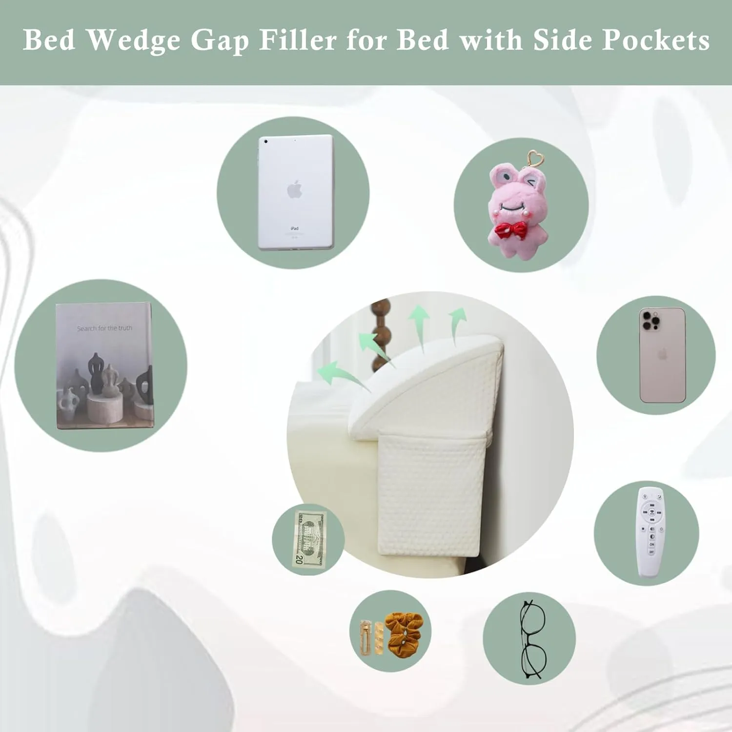 Bed Wedge Gap Filler King (76"x 8"x 6") Wedge Pillow for Headboard Gap 0-8" Mattress Gap Filler Pillow to Fill The Gap Between Mattress and Wall with 2 Side Large Pockets