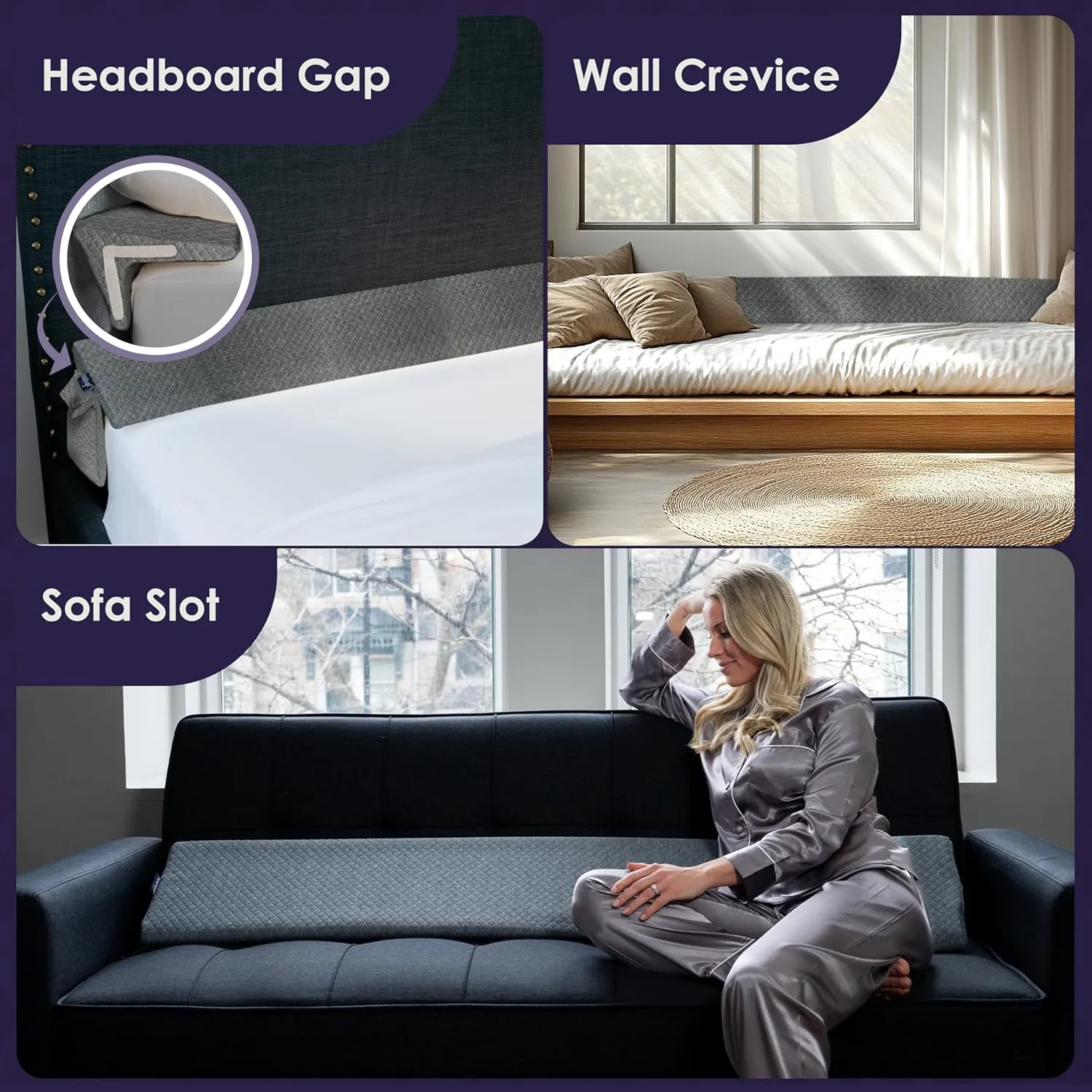 Bed Wedge Pillow for Headboard Gap Up to 7", Triangle Gap Filler for Bed, Mattress Wedge Gap Filler, Headboard Space Filler, Corner Pillow, Grey Queen 60"