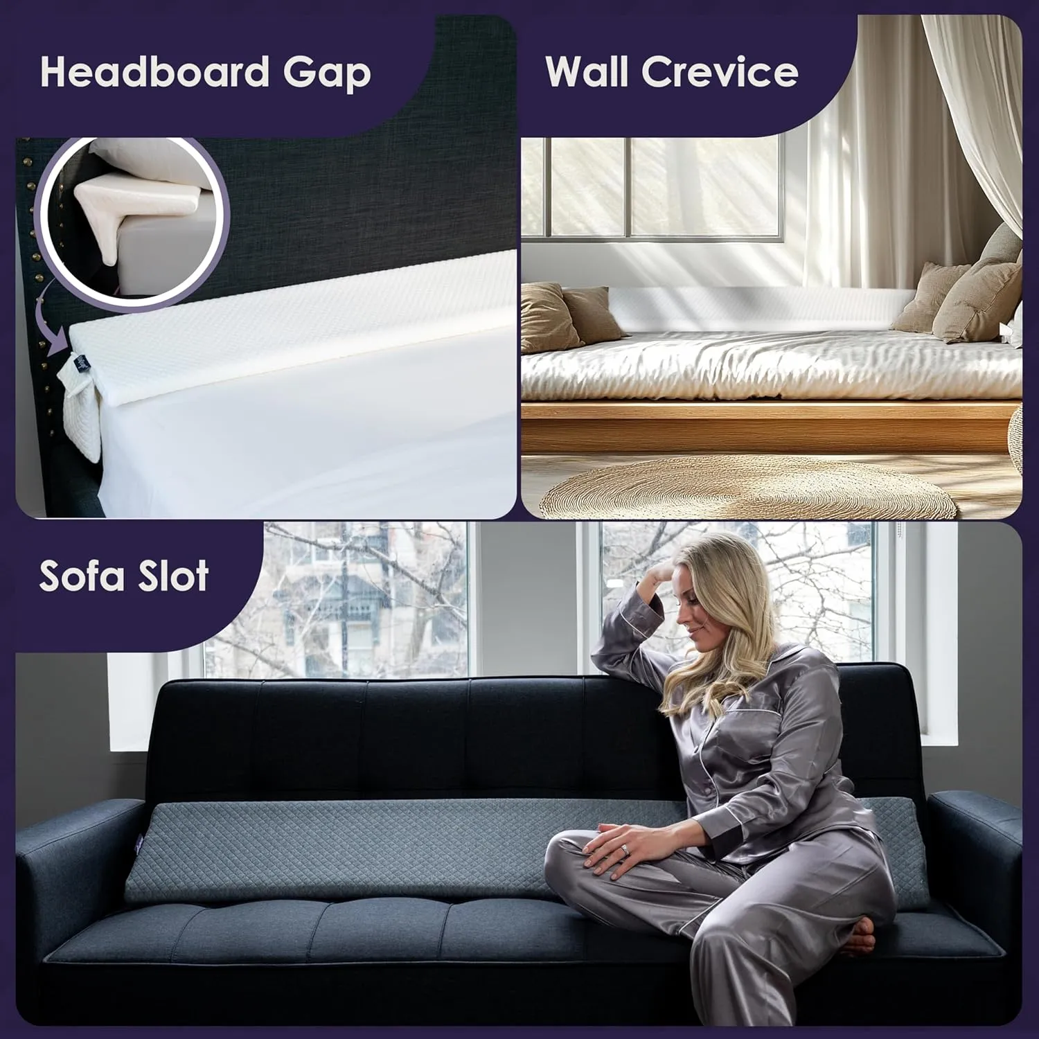 Bed Wedge Pillow for Headboard Gap Up to 7", Triangle Pillow Wedge for Headboard Gap, Gap Filler for Bed, Mattress Wedge Gap Filler, Headboard Space Filler, Corner Pillow, White Queen 60"