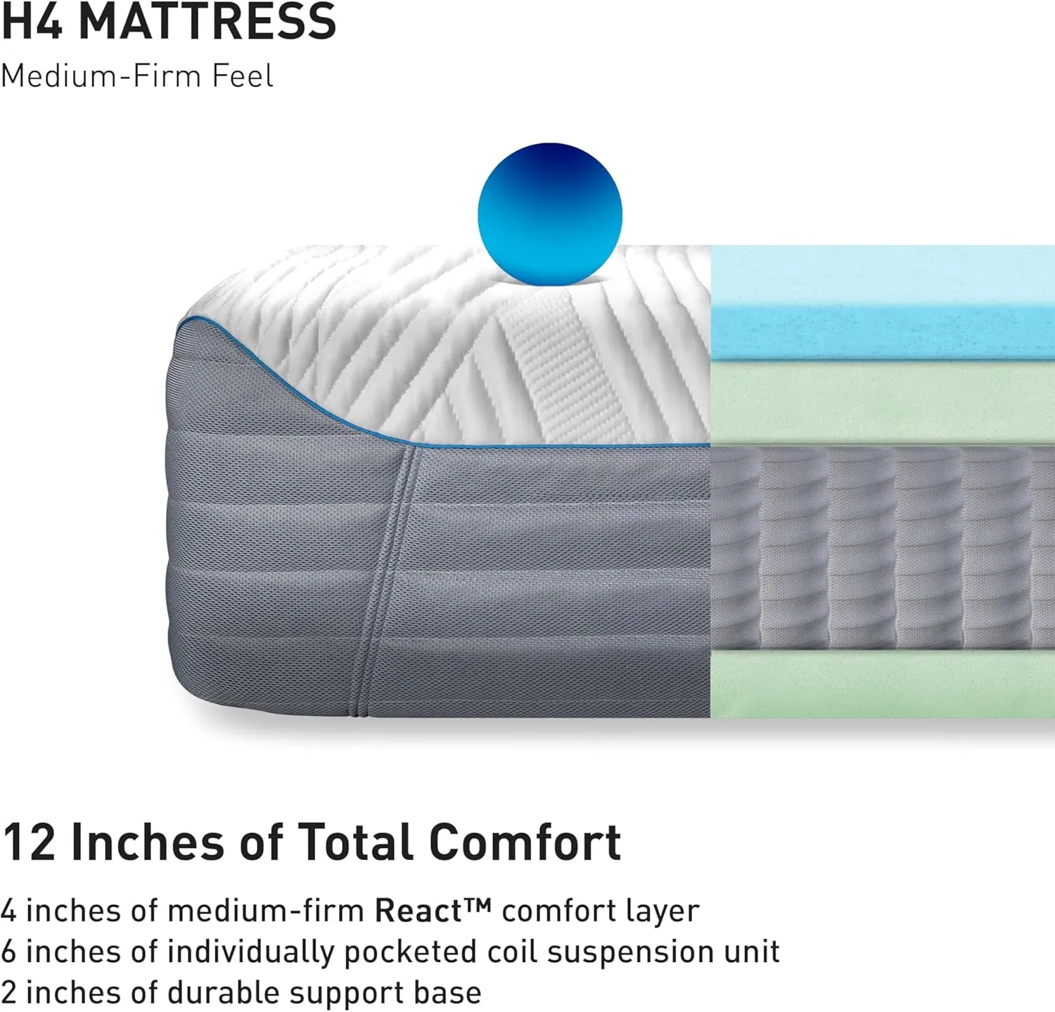 Bedgear H4 Performance Full Mattress - Hybrid Memory Foam Mattress, Medium Firm - Adaptive React Foam for Comfort, Instant Cooling by Ver-Tex Technology