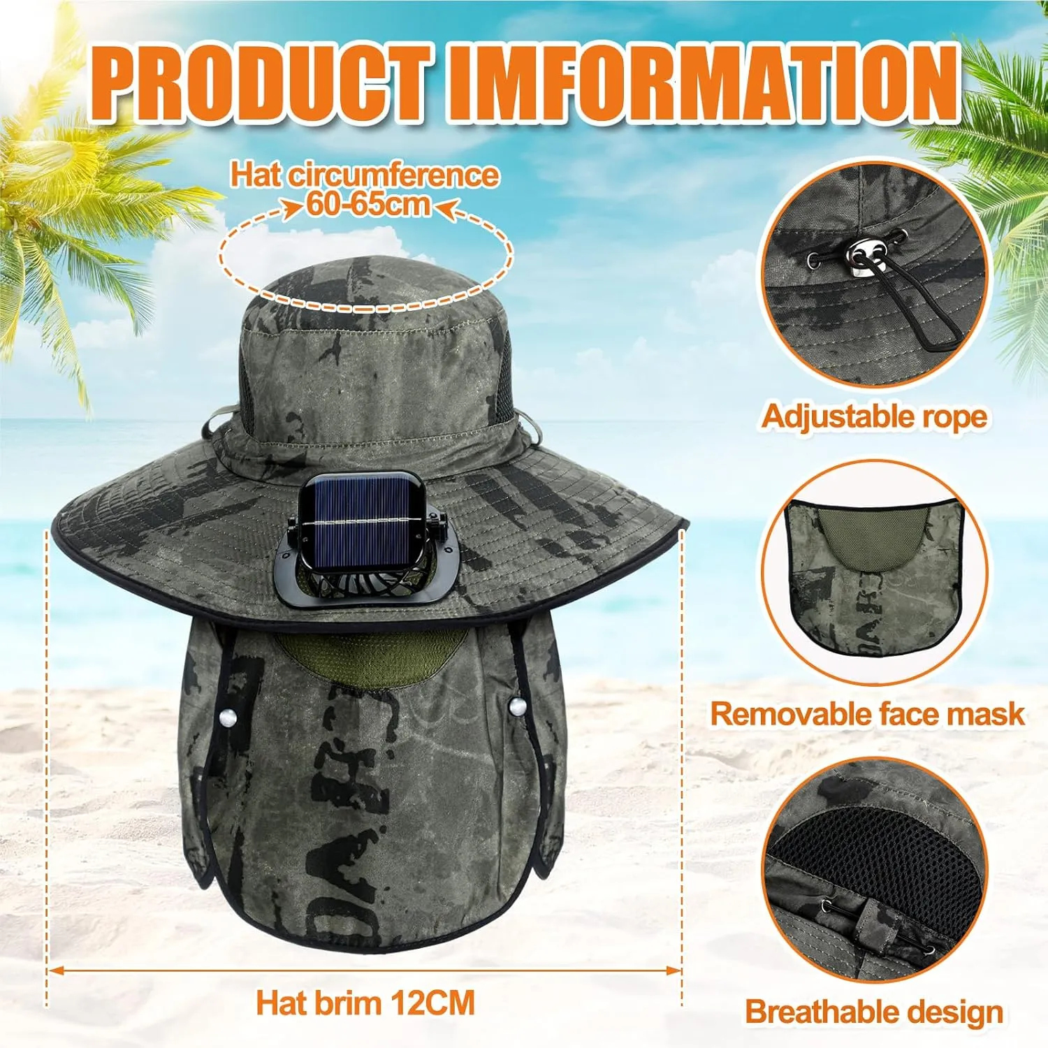 Berlune Solar Sun Hat Oversized Fishing Hat with Fan Bucket Hat Removable UV Protection UPF 50  Sun Protection Wide Brim
