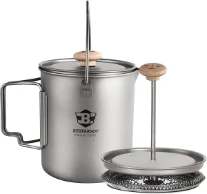 Bestargot Titanium Pot 750ml, Portable French Press | Ultralight Camping Pot for Coffee, Cooking & Survival | Compatible with Camp Stoves