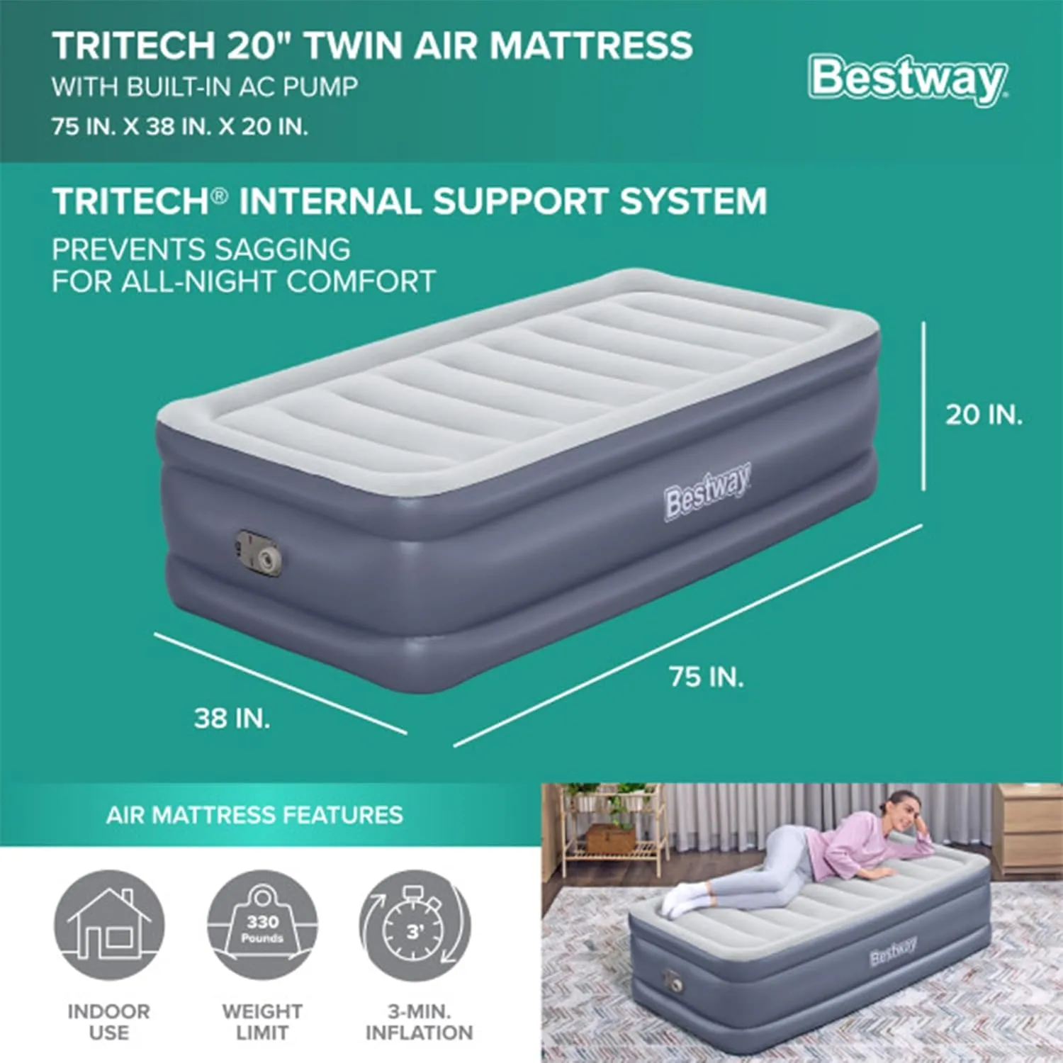 Bestway Air Mattress, TriTech Twin Airbed with Built-in Pump and Storage Bag, Gray