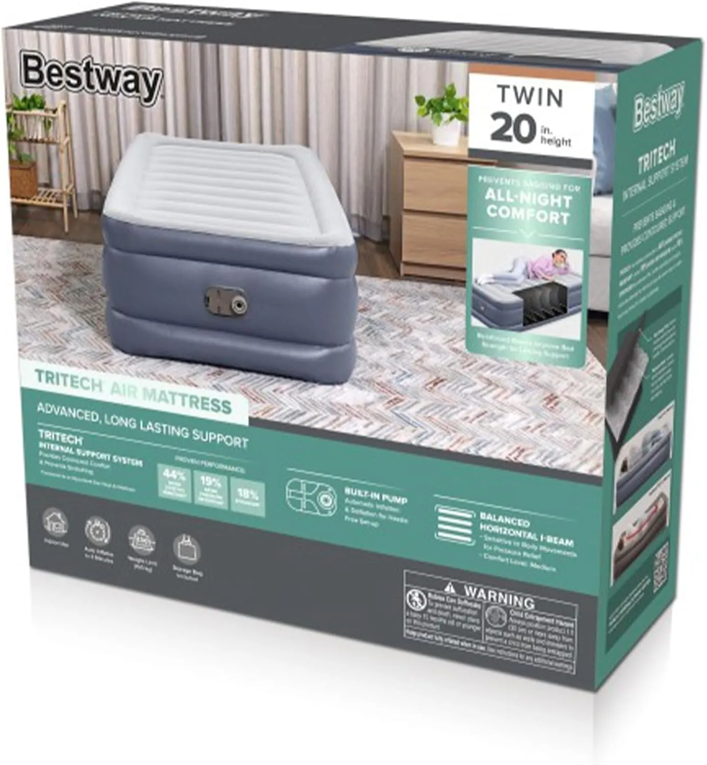 Bestway Air Mattress, TriTech Twin Airbed with Built-in Pump and Storage Bag, Gray