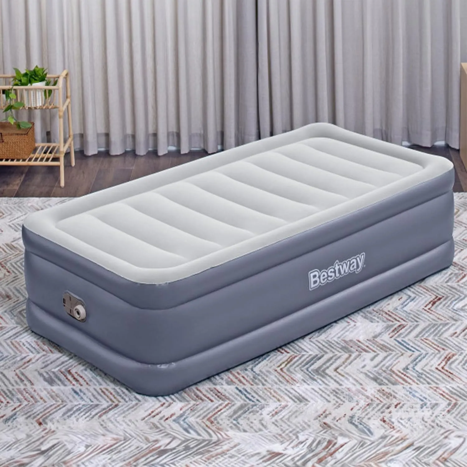 Bestway Air Mattress, TriTech Twin Airbed with Built-in Pump and Storage Bag, Gray
