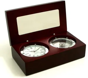 Bey-Berk SQ569T Compass and Clock in Mahogany Hinged Box with Chrome Plate and Accents, Brown