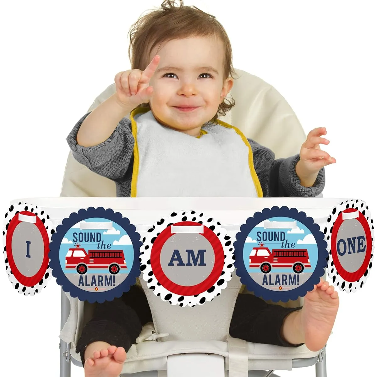 Big Dot of Happiness Fired Up Fire Truck 1st Birthday Highchair Decor - I Am One - First Birthday Highchair Banner