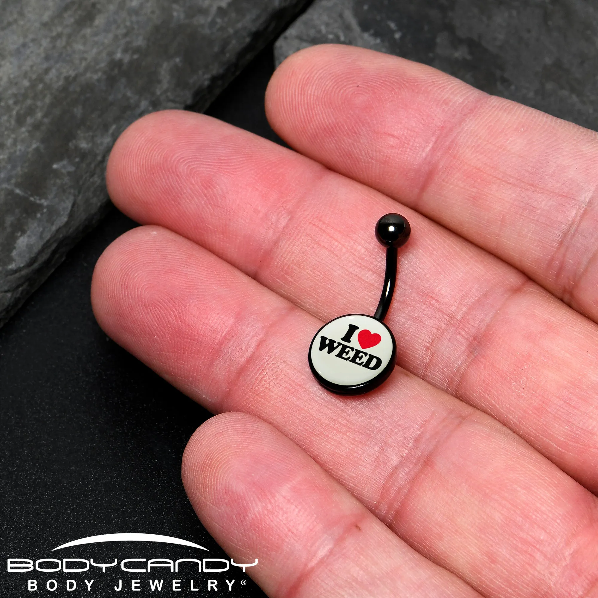Black Anodized Glow in the Dark I Love Weed Belly Ring