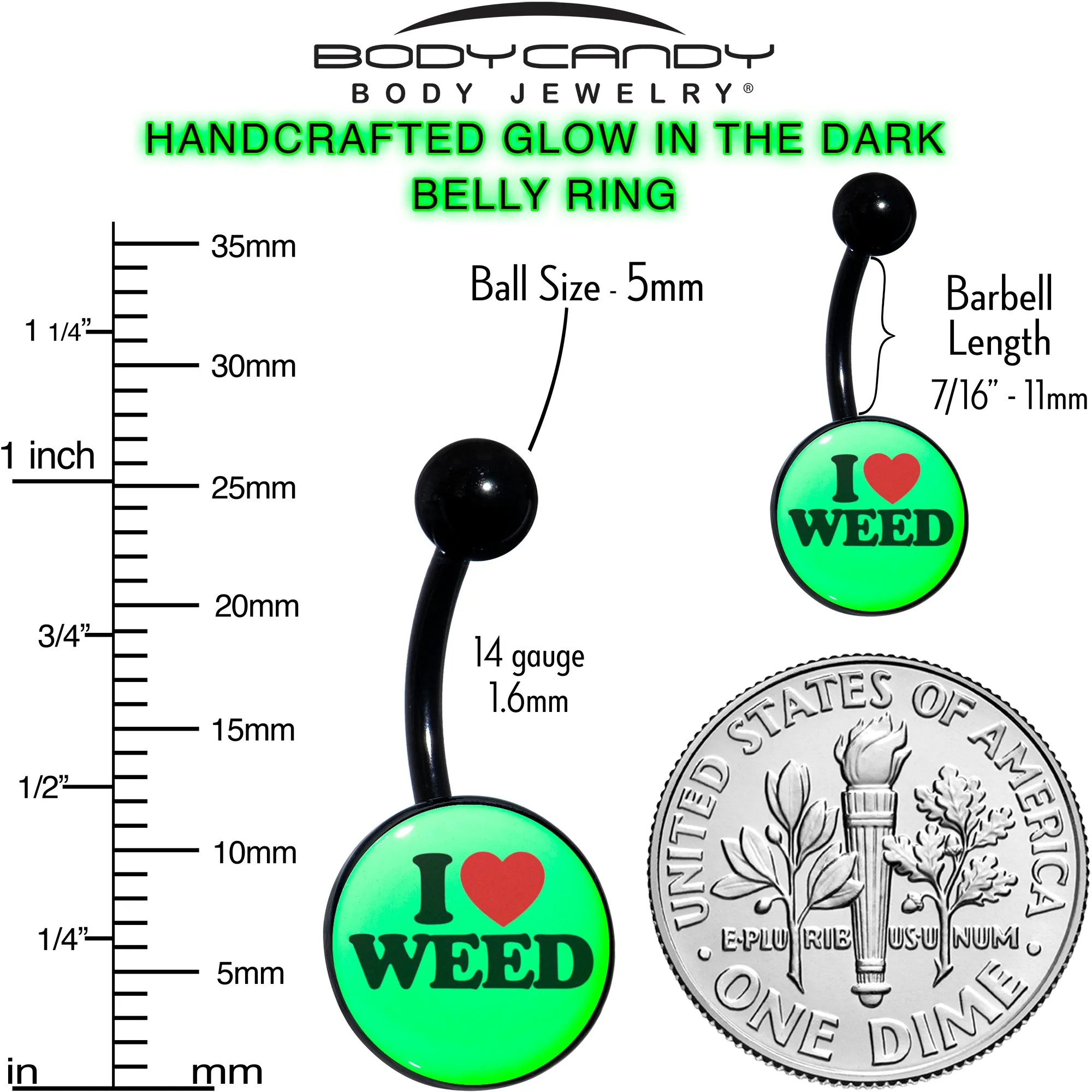 Black Anodized Glow in the Dark I Love Weed Belly Ring