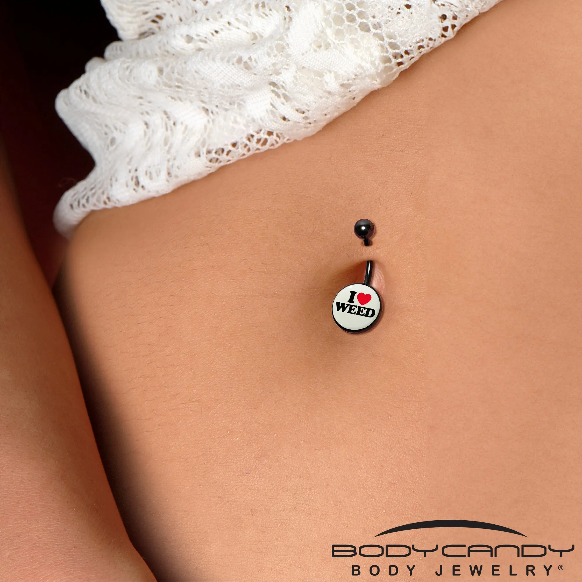 Black Anodized Glow in the Dark I Love Weed Belly Ring