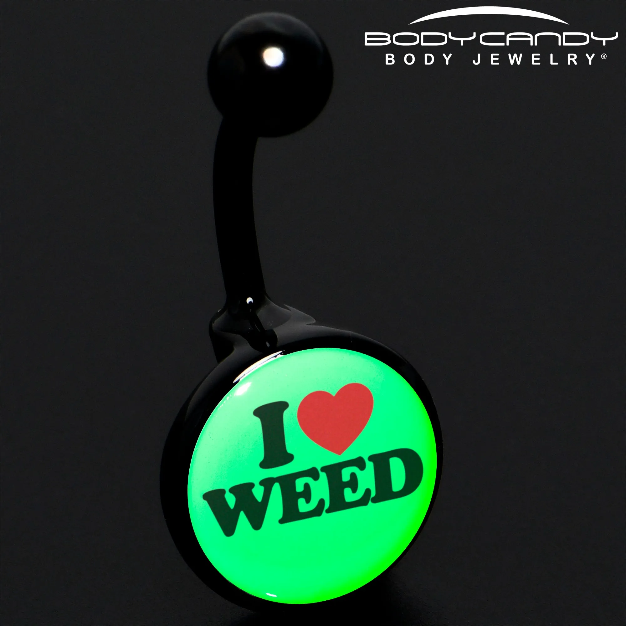 Black Anodized Glow in the Dark I Love Weed Belly Ring