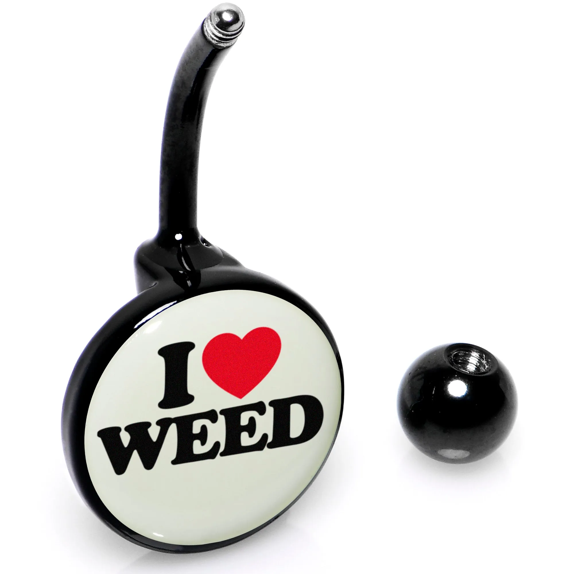 Black Anodized Glow in the Dark I Love Weed Belly Ring