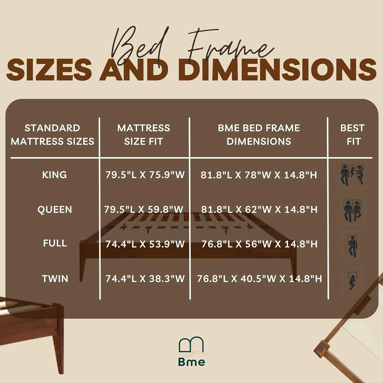 Bme Dinkee 15-Inch Solid Wood Queen Platform Bed Frame - Japanese Joinery, Minimalist Style - Wood Slats, Easy Assembly, No Box Spring Needed - Chocolate